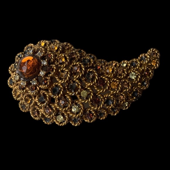 Vintage Signed ART Art Pepper Gold Plated Crystal Fall Cornucopia Brooch Jewelry - Picture 6 of 10